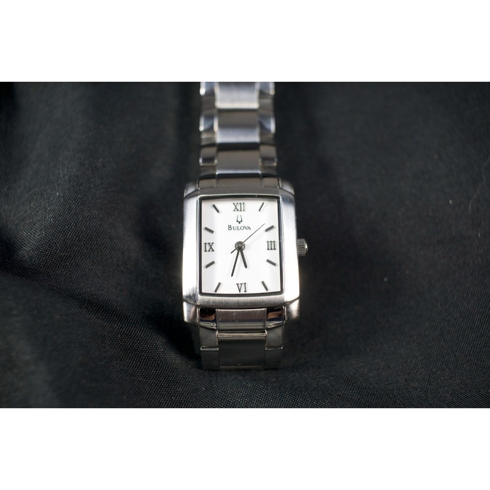 Bulova Rectangular Quartz Watch White Dial Roman Numerals C875463 Silver